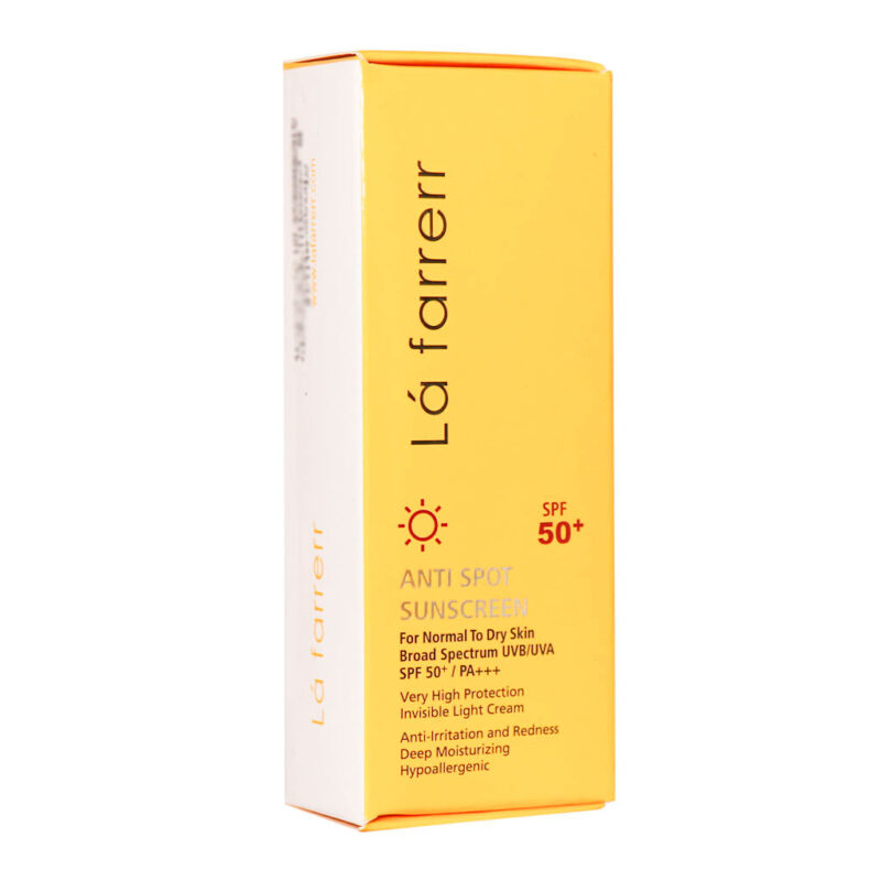 کرم ضد آفتاب SPF50 پوست خشک و معمولی لافارر ضد لک بی رنگ 40 میلی‌لیتر
